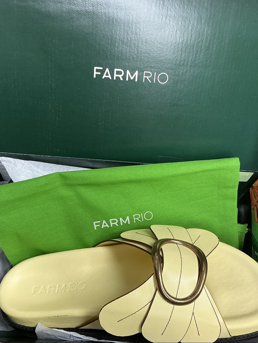 FARM RIO Cream Floral Slide Sandals with Gold Buckle